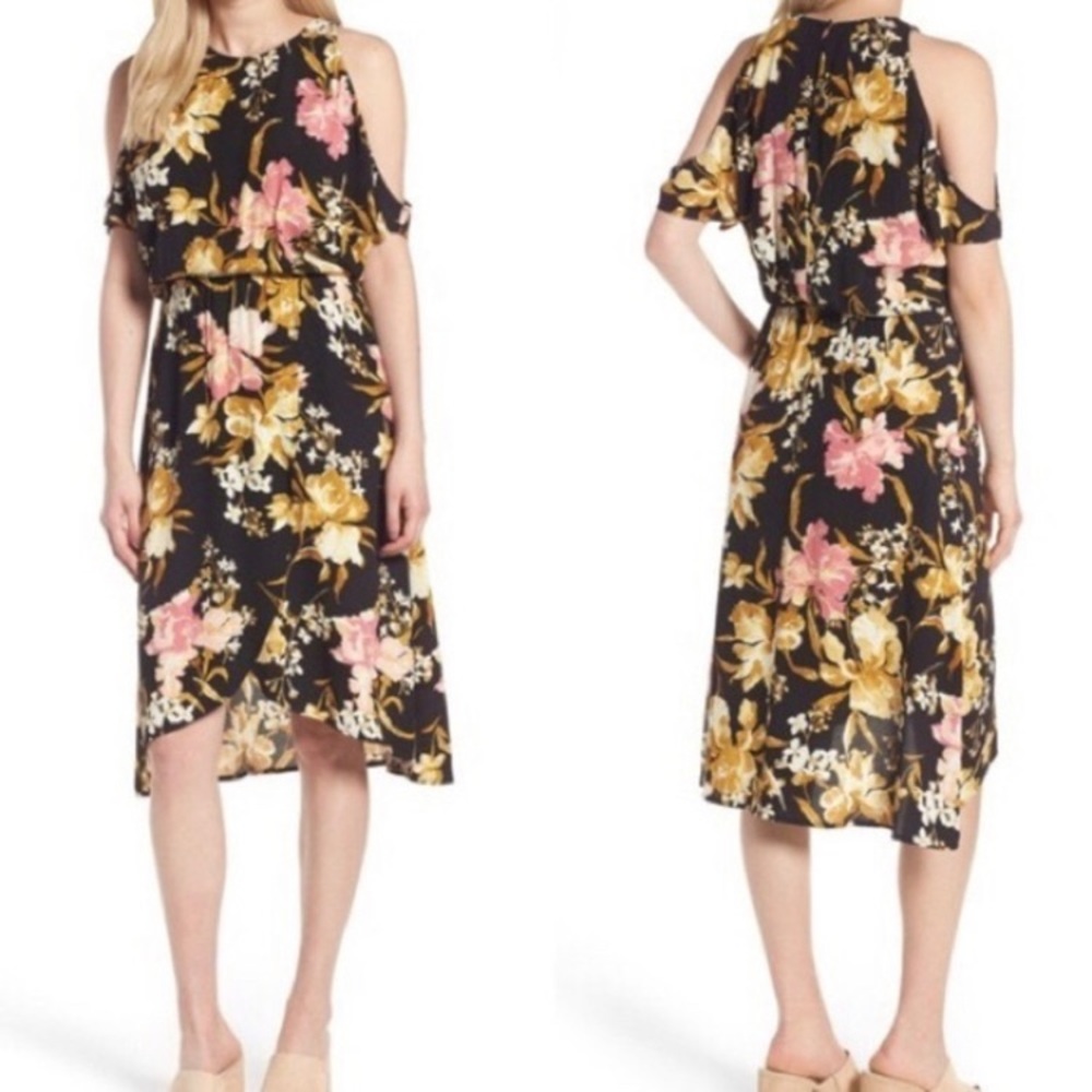 Leith floral cold shoulder black midi dress